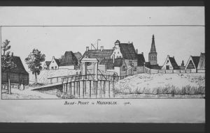 Baene (houten) brug 1726
Langs de Baene brug kon men in vroeger tijden, via het Geldelozepad, gratis de stad in. Bij de andere stadspoorten moest men tol betalen. Vandaar de naam Geld-loos-pad!!
